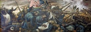 Colorful mural of African American soldiers in the midst of battle with American flag flying.