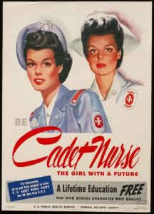 WWII era poster with two nurses.