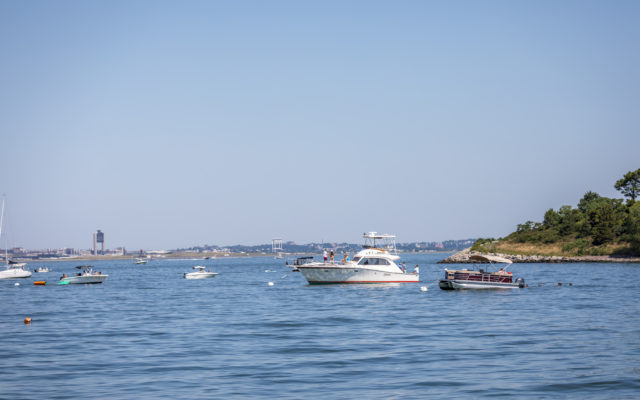 Boats moored off of Spectacle Island