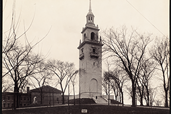 A black and white photograph of the Dorchester Heights monument in South Boston