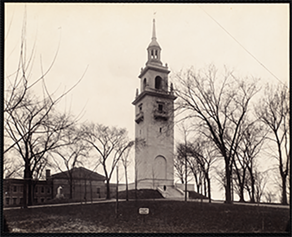 A black and white photograph of the Dorchester Heights monument in South Boston